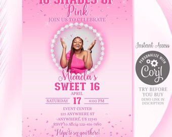 Editable 16 Shades of Pink Invitation Sweet 16 Invitation Pink Party Invitation Shades of Pink Party Invite Pink Sweet 16 Invitation Digital