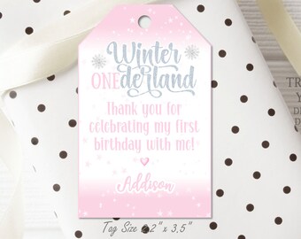 Editable Winter Onederland Favor Tags Snowflake first birthday Party Thank You Treat Tag Favors Winter Wonderland 1st birthday party