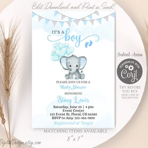Editable Blue Elephant Baby Shower Invitation It&#39;s A Boy Baby Shower Elephant Invite Printable Template Instant Download