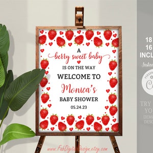 Cartello di benvenuto per baby shower alla fragola modificabile Bacca dolce per baby shower cospargere Poster di benvenuto download digitale modificabile per ragazza stampabile