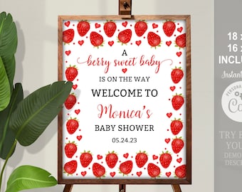 Könnte beinhalten: Ein weißes bedruckbares Schild mit einem roten Erdbeer-Rand. Das Schild sagt "A berry sweet baby is on the way. Welcome to Monica's Baby Shower 05.24.23".