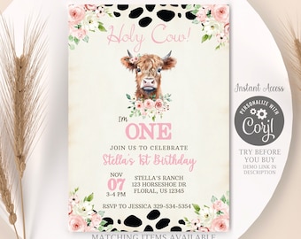 Editable Holy Cow I'm One Invitation Highland Cow First Birthday Farm Ranch Cowgirl Holy Cow First Birthday Party Invitation Template