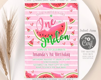 Editable Watermelon Invitation Birthday Invitations Pink Watermelon One in a Melon 1st Birthday Instant Download Printable Digital Invite