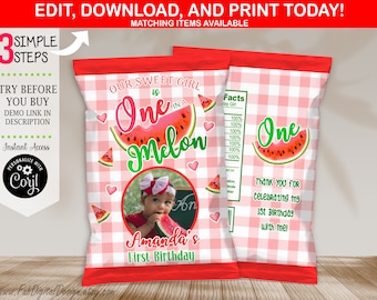 May include: Two party favor bags with a red and white checkered pattern. The bags feature watermelon graphics and the text "Our Sweet Girl is One in a Melon" and "Amanda's First Birthday". The bags have a red top and include the text "Edit, Download, and Print Today!"