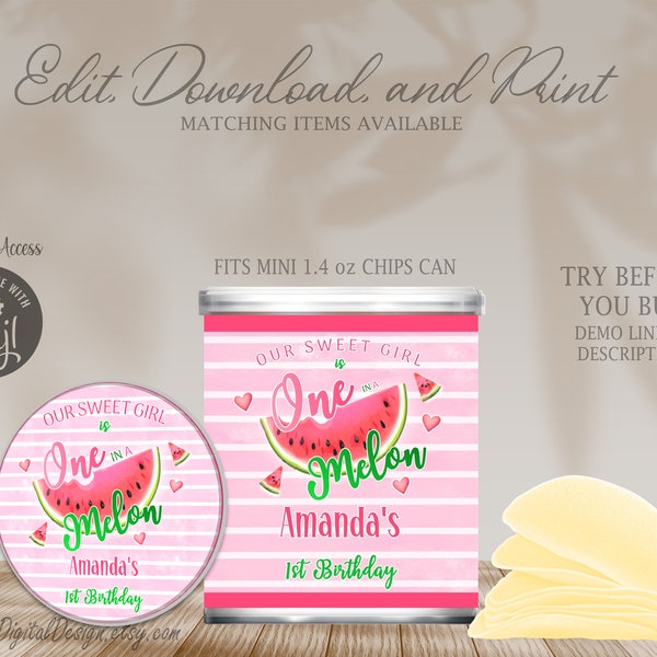 Editable One in a Melon Mini Chip Can Labels Watermelon Party Favors One in a Melon First Birthday Pringle Can Labels Instant Download 04CC