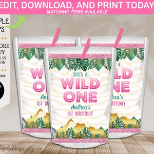 Editable Wild One Juice Pouch Label Jungle Safari Girl 1st Birthday Party Favors Safari Birthday Wild One Caprisun Label Instant Download