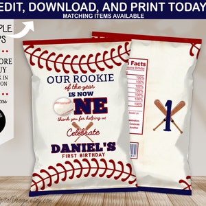 Bearbeitbar Baseball Erster Geburtstag Chip Tasche Rookie Jahr Baseball Sportball Geburtstag Chips Beutel Etikett