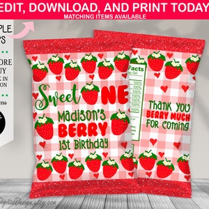 Editable Berry Sweet One First Birthday Chip Bag Berry 1st Birthday Chip Bag Strawberry First Birthday Berry Sweet One Birthday Party Favors