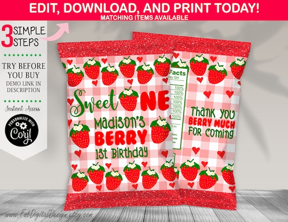 Editable Berry Sweet One First Birthday Chip Bag Berry 1st Birthday Chip Bag Strawberry First Birthday Berry Sweet One Birthday Party Favors