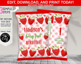 Bewerkbare chipzakje voor eerste verjaardag Berry 1e verjaardag chipzakje aardbei partij gunsten roze rood aardbei partij Instant Download FD02