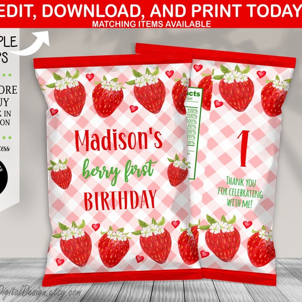 Editable Berry First Birthday Chip Bag Berry 1st Birthday Chip Bag Strawberry Party Favors Pink Red Strawberry Party Instant Download