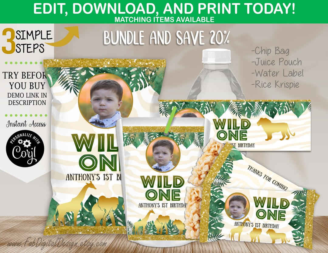 BUNDLE Wild One Boy Safari Chip Bag Rice Krispie Water Bottle Juice ...