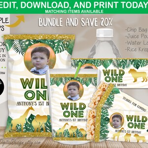 BUNDLE Wild One Boy Safari Chip Bag Rice Krispie Water Bottle Juice Pouch Safari Jungle Wild One 1st Birthday Party Favors Editable Template