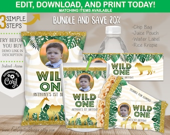ZESTAW Wild One Boy Safari Chip Bag Rice Krispie Butelka na wodę Saszetka soku Safari Jungle Wild One Pierwsze urodziny Upominki Szablon edytowalny