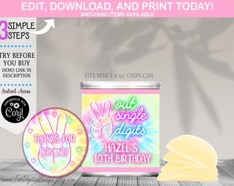 Bewerkbare Peace Out enkele cijfers minichips kunnen label tie-dye 10e verjaardag Pringles hippie regenboog partij gunsten direct downloaden