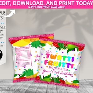 Editable Twotti Fruitti Fruit Snack Label Fruit 2nd Birthday Party Favors Twotti Frutti Birthday Party Fruit Snack Wrapper Instant Download