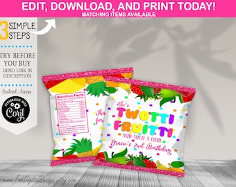 Editable Twotti Fruitti Fruit Snack Label Fruit 2nd Birthday Party Favors Twotti Frutti Birthday Party Fruit Snack Wrapper Instant Download