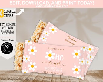 Bewerkbare Boho Daisy Rice Krispie Retro Daisy 1e verjaardag meisje Rice Krispie Wrapper Little Miss Onederful 1e verjaardag gunsten Daisy