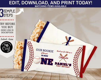 Bewerkbare honkbal eerste verjaardag Rice Krispie Rookie jaar honkbal sportbal 1e verjaardag Rice Krispie-label direct downloaden