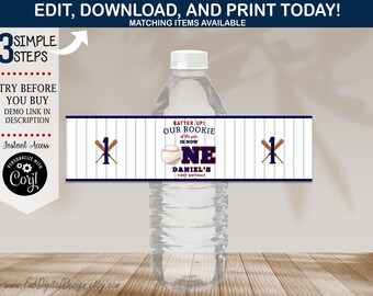 Editable Baseball First Birthday Water Bottle Label Rookie Year Baseball Sports Ball Birthday Water Bottle Label Instant Download