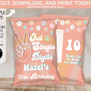 Edytowalny Peace Out Single Digits Chip Bag Fall Groovy 10th Birthday Chips Bag Daisy Hippie Rainbow Birthday Party Favors Instant Download