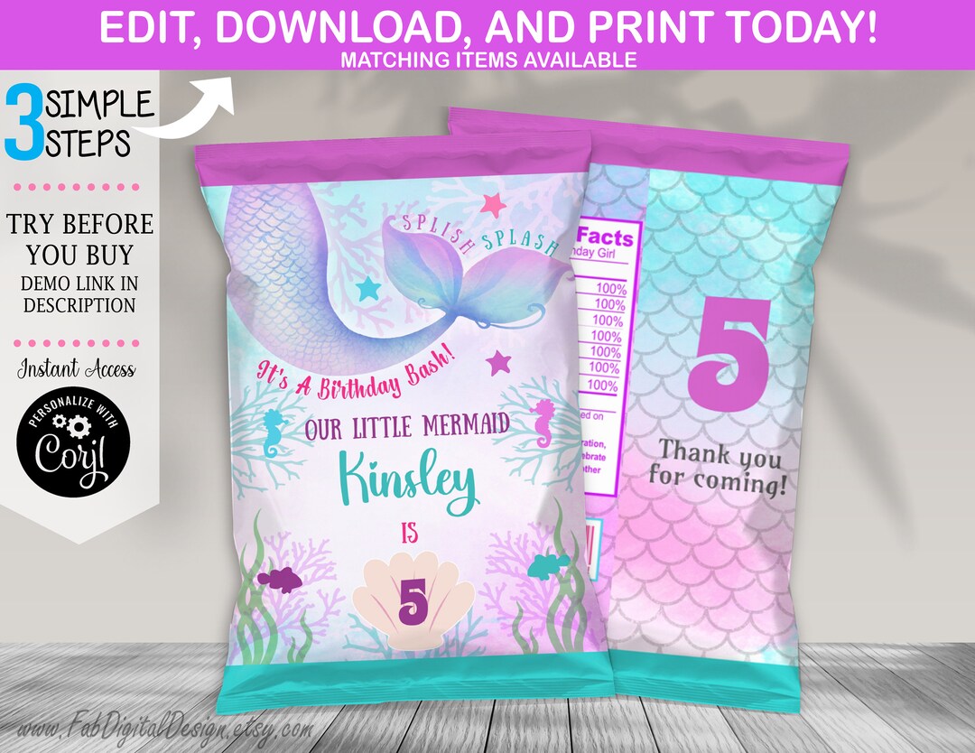 Editable Mermaid Chip Bag Under the Sea Birthday Snack Wrapper Mermaid ...