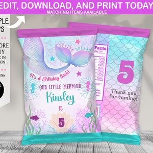 Editable Mermaid Chip Bag Under The Sea Birthday Snack Wrapper Mermaid Chips Wrapper Party Favors Instant Download
