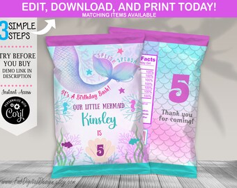 Editable Mermaid Birthday Chip Bag Wrapper Under the Sea Mermaid Birthday Party Favors Little Mermaid Chip Bag Template