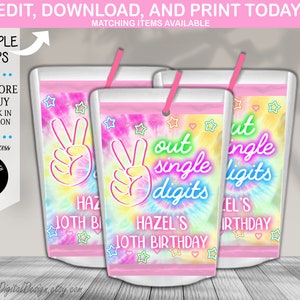 Edytowalne etykiety Peace Out Single Digits Juice Pouch na jesienne, modne 10. urodziny Caprisun Labels Tie Dye Hippie Rainbow Birthday Party Favors