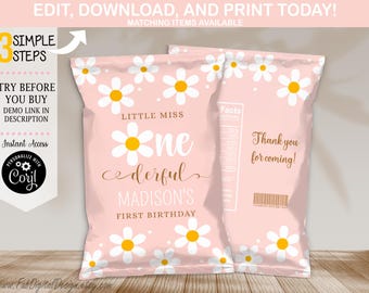 Bewerkbare Boho Daisy Chip Bag Retro Daisy 1e verjaardag meisje Chip Bag Wrapper Little Miss Onederful 1e verjaardag gunsten Daisy Chip Bag