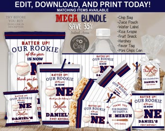 BUNDEL 1e verjaardag honkbal chip zak rijst Krispie waterfles sap zakje Hershey honkbal rookie 1e verjaardag sport partij gunsten