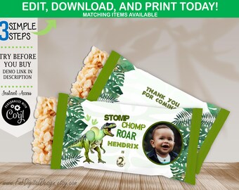 Bewerkbare dinosaurusrijst Krispie-label dinosaurus verjaardagsfeestje gunst rijst Krispie T-Rex Dino Four Stomp Chomp Roar bewerkbare gunstsjabloon