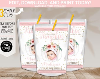 Bewerkbare Little Pumpkin Is Turning One Juice Etiketten Etiketten Kleine Pompoen 1 Juice Etiketten Pompoen Feestartikelen 1e verjaardag Blush Pastel 06CC