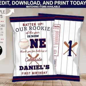 Bearbeitbare Baseball Erster Geburtstag Chip Tasche Rookie Jahr Baseball Sport Ball Geburtstag Chips Tasche Etikett Sofortiger Download