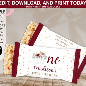 Editable Little Pumpkin Is Turning One Rice Krispie Little Pumpkin First Birthday Party Favors Burgundy Floral Birthday  Template 06CC