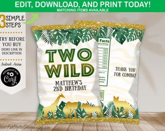 Editable Two Wild Chip Bag Jungle Safari Boy 2nd Birthday Party Favors Chips Two Wild Safari Chip Bag Wrapper Instant Download