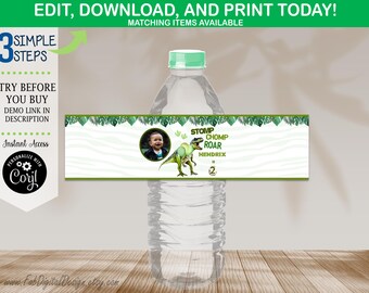 Editable Dinosaur Water Bottle Labels Dinosaur Birthday Party Favor T-Rex Dino 4 Stomp Chomp Roar Editable Water Bottle Label Favor Template