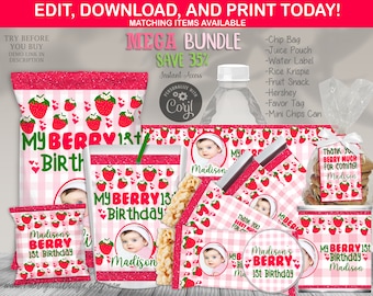 BUNDEL Berry eerste verjaardag chip zak rijst Krispie waterfles sap zakje Hershey aardbei 1e verjaardag partij gunsten bewerkbare sjabloon