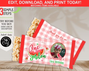 May include: A pink and red gingham patterned treat bag with a watermelon graphic and the text "Our Sweet Girl is One in a Melon". The bag has a photo of a baby girl holding a slice of watermelon. The text "Amanda's First Birthday" is also on the bag.