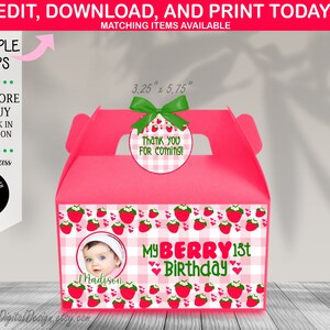 Etiquetas editáveis para caixa de empena de primeiro aniversário Berry Sweet One, modelo de etiqueta para caixa de guloseimas para presente de primeiro aniversário, download instantâneo