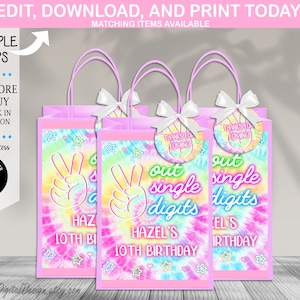 Edytowalna etykieta na torbę prezentową Peace Out Single Digits 10th Birthday Favor Bag Label Groovy Tie Dye Party Double Digits Party Instant Download