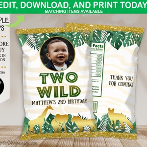 Editable Two Wild Chip Bag Jungle Safari Boy 2nd Birthday Party Favors Chips Two Wild Safari Photo Chip Bag Wrapper Instant Download