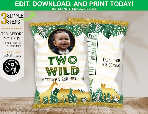 Two wild birthday party chip bags/wrappers-jungle party favors