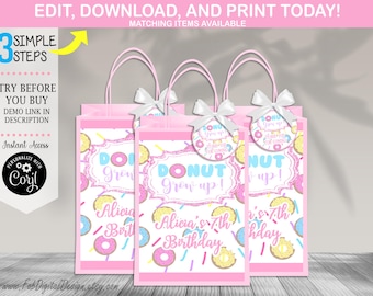 Bewerkbare donut opgroeien cadeauzakje label donut verjaardag gunst tas label snoep partij gunsten donut opgroeien feesttassen direct downloaden