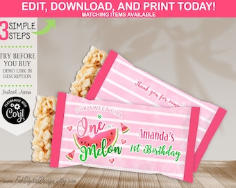 May include: Pink and white striped candy bar wrappers with the text "Our Sweet Girl is One in a Melon" and "Amanda's 1st Birthday". The wrappers have a watermelon graphic and the words "Thank you for coming".