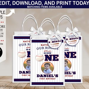 Bearbeitbare Baseball Erster Geburtstag Geschenk Tasche Label Sport 1. Geburtstag Favor Bag Label Rookie Jahr Party Favors Baseball Party Sofortiger Download