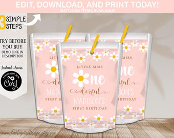 Bewerkbare boho madeliefje eerste verjaardag sapzakje labels kleine miss onederful eerste verjaardagsfeestje Caprisun-labels madeliefje 1e verjaardag gunst