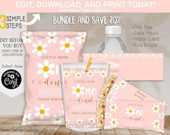 BUNDEL Boho Daisy 1e verjaardag Chip Bag Rice Krispie Waterfles Sapzakje Little Miss Onederful Feestartikelen 1e Verjaardag