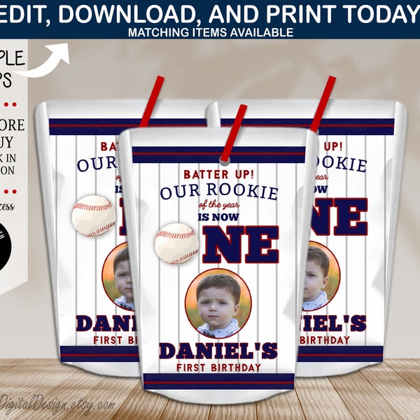 Editable Baseball First Birthday Juice Pouch Label Rookie Year Baseball Sports Ball Birthday Juice Caprisun Bag Label Add Photo Template