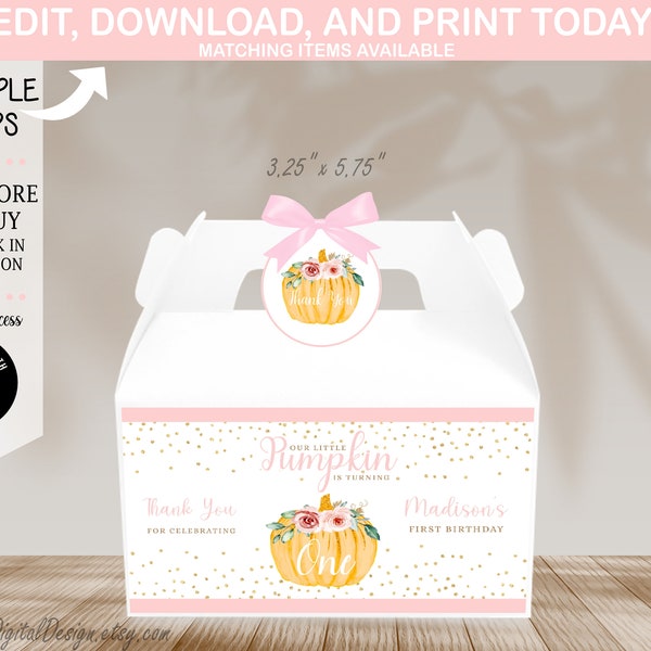 Editable Little Pumpkin Is Turning One Gable Box Labels Little Pumpkin First Birthday Gift Treat Box Label Template Instant Download 06CC